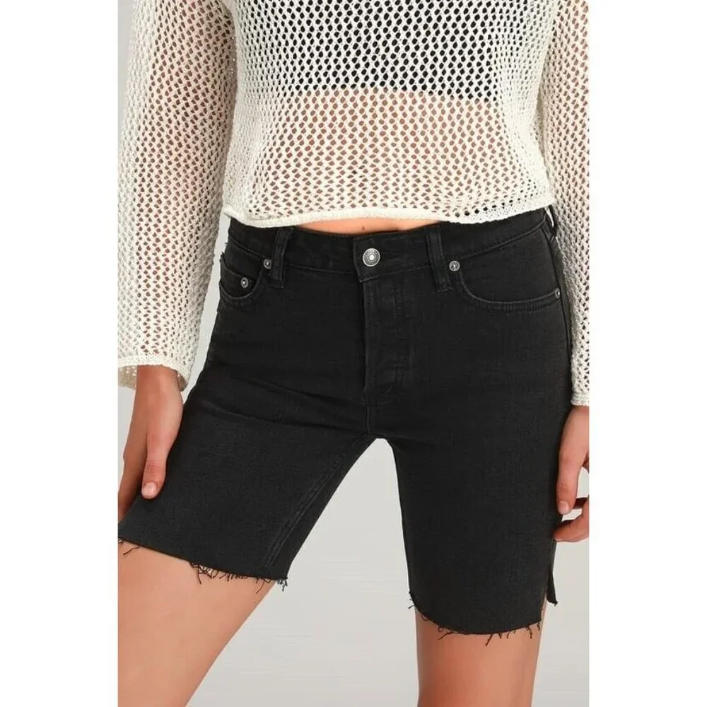 Free People Avery Denim Bermuda Frayed Hem Shorts Ash Black SZ 24 New
